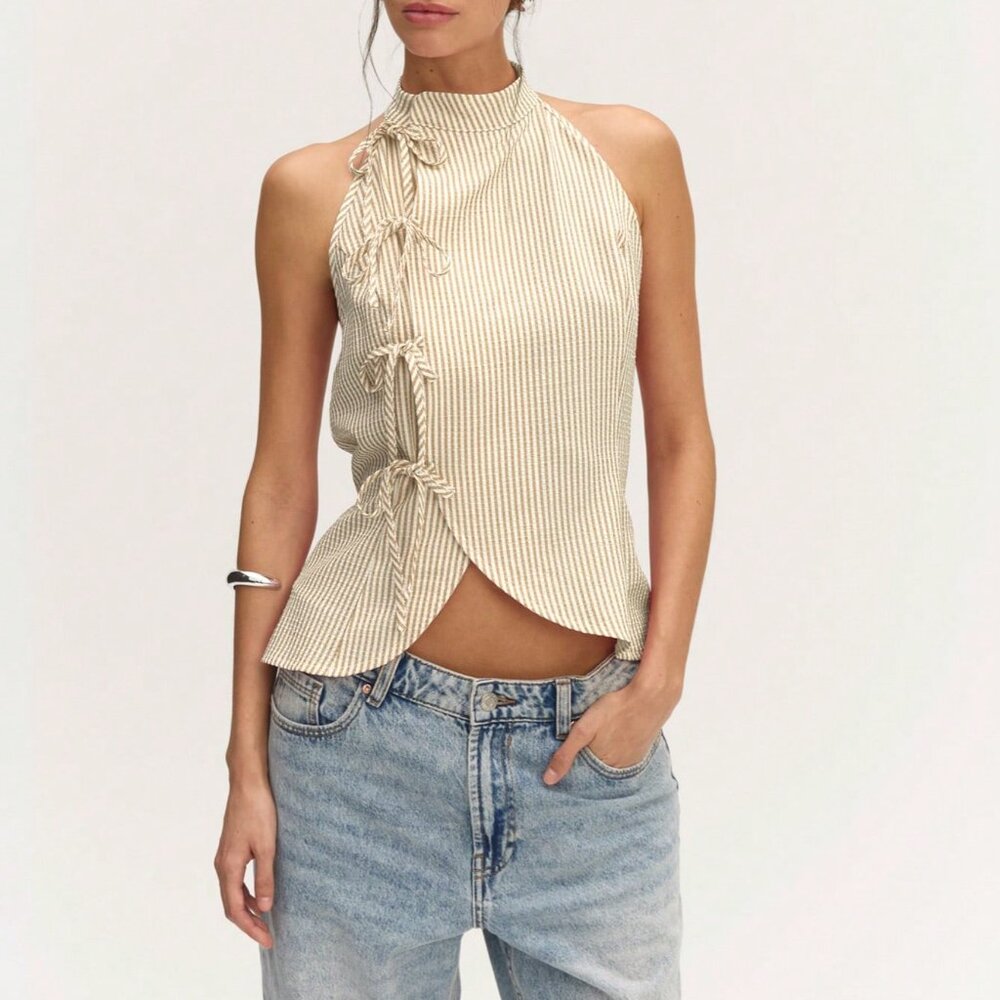 Khaki Casual Chinese Style Women's Sleeveless Stripes Bows Detail
